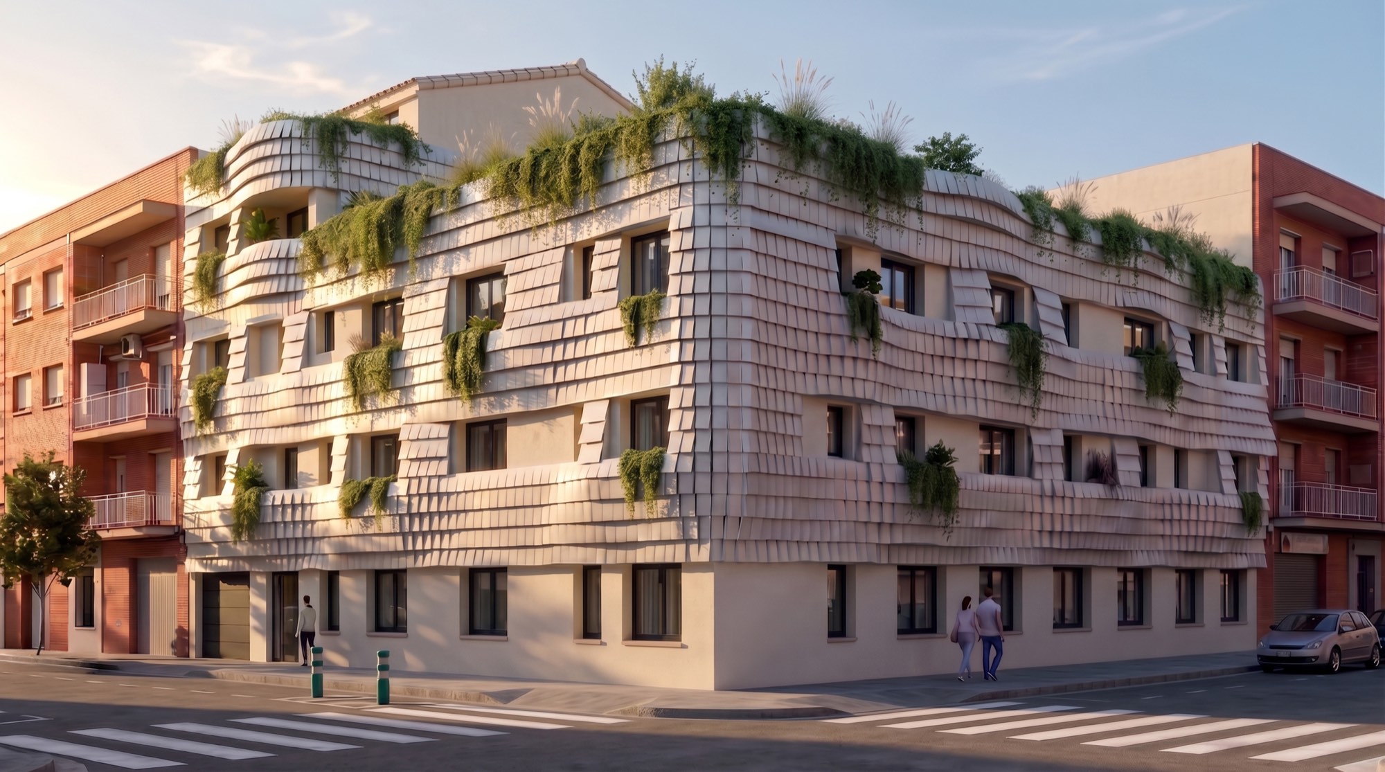 Tremelo, Granollers — fachada en esquina al atardecer